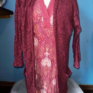 Red Patterned Top with Dark Red Cardigan